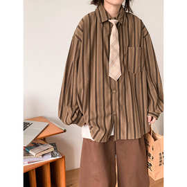 日系复古翻领竖条纹灯芯绒衬衫男女生慵懒风撞色宽松休闲长袖衬衣