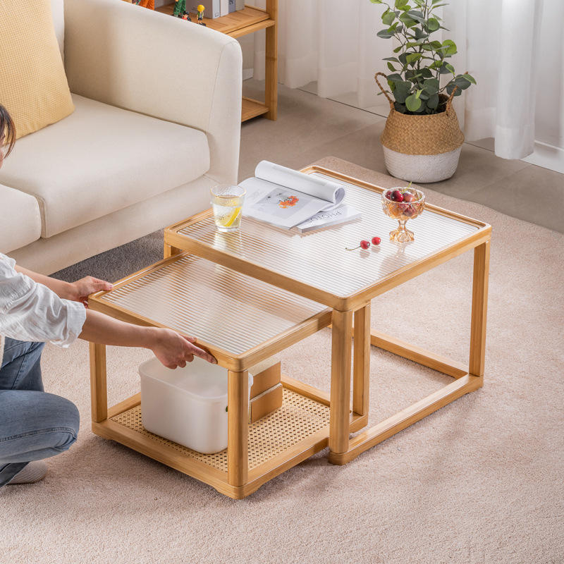 Mesa de té de vidrio Changhong de estilo japonés sala de estar hogar pequeño apartamento móvil lado cuadrado varios combinación de tamaño mesa de té de ratán