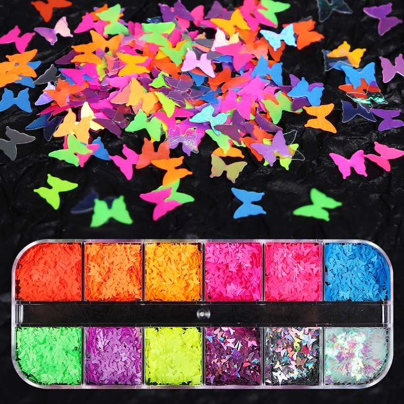 12-rejilla en caja de colores en forma especial lentejuelas mariposa amor flor estrella uñas DIY lentejuelas joyería al por mayor