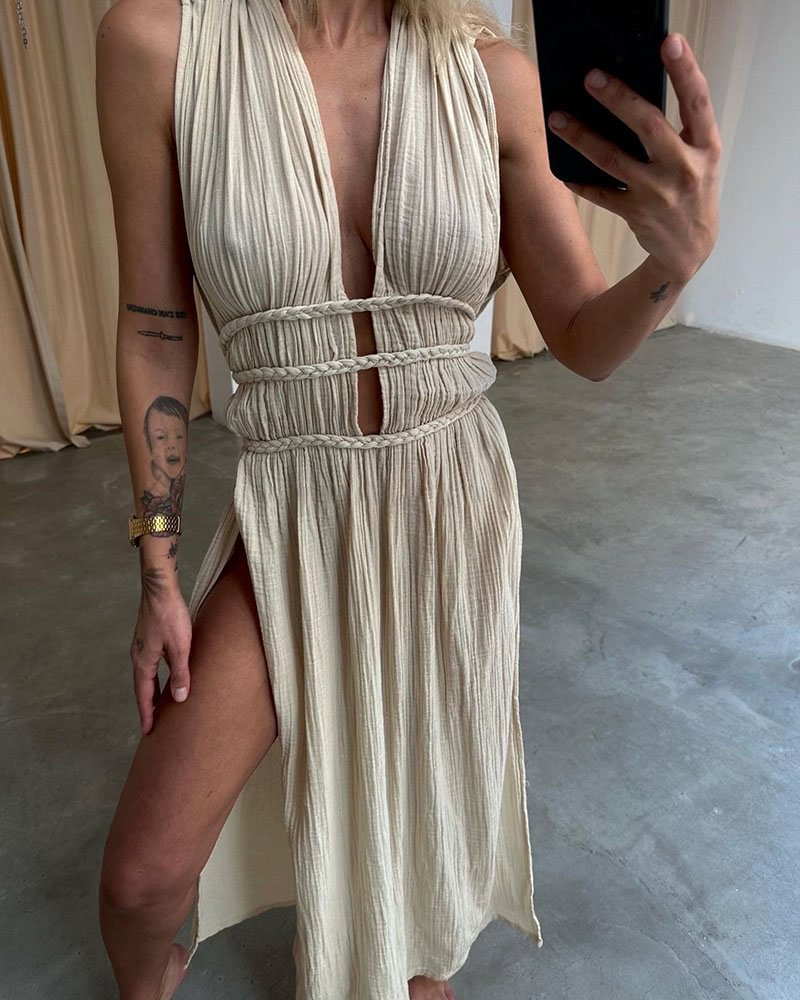 245g Weight Maxi Long Dress Dress Length Type Sleeveless Sleeve Length Tank Dress Dresses Type Linen Fabric Type Mid Waist Waist Line Holiday, Daily Occasion Deep V Neckline Regular Fit Fit Type Solid Color Pattern Summer Season Women's Gender Streetwear Style Wholesale Women's Streetwear Solid Color Holiday Daily Deep V Sleeveless Tank Dress 3