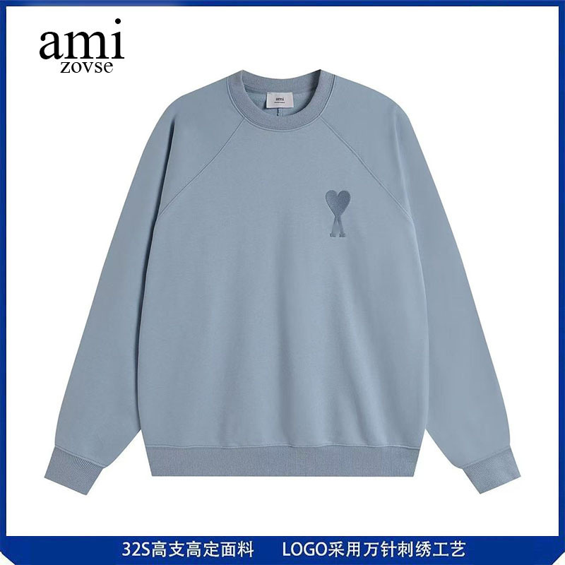 Ami&Zovse Large Heart Embroidered Crewneck Sweatshirt Couple Style Spring and Autumn Loose Heavyweight Sports Youth Top