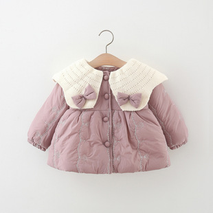 2025 Winter New Style Wool Collar with Two Bows Little Cotton Coat Girls' Turn-Down Collar Fleece-Lined Thickened Cotton Jacket