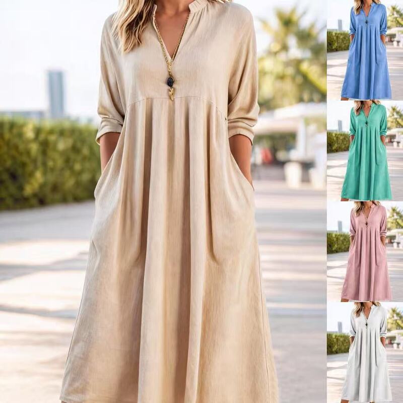 European and American Cross-Border Autumn New Women's Casual Loose Fashion Retro Cotton and Linen Long-Sleeve V-Neck Pocket Dress European and American Cross-Border Autumn New Women's Casual Loose Fashion Retro Cotton and Linen Long-Sleeve V-Neck Pocket Dress