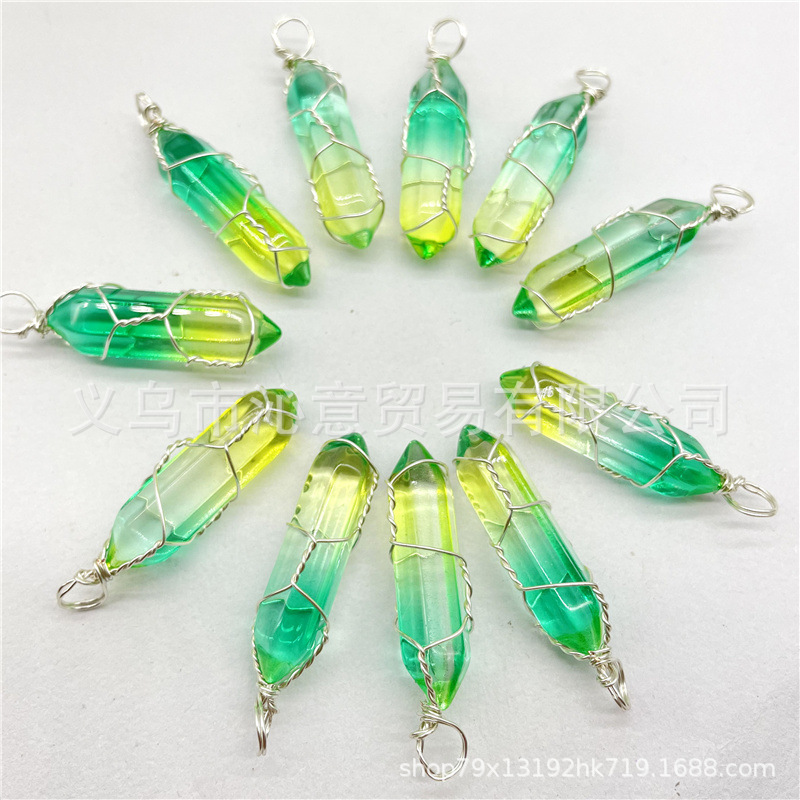 Comercio exterior caliente bobina hexagonal columna colgante collar de cristal natural hecho a mano de plata hilo bala joyería al por mayor