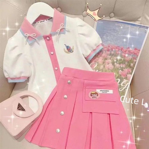 Girls' Short Sleeve Set 2024 Summer New Children's Korean Style Polo Shirts and Shorts Fashion Two-Piece Set Trendy
