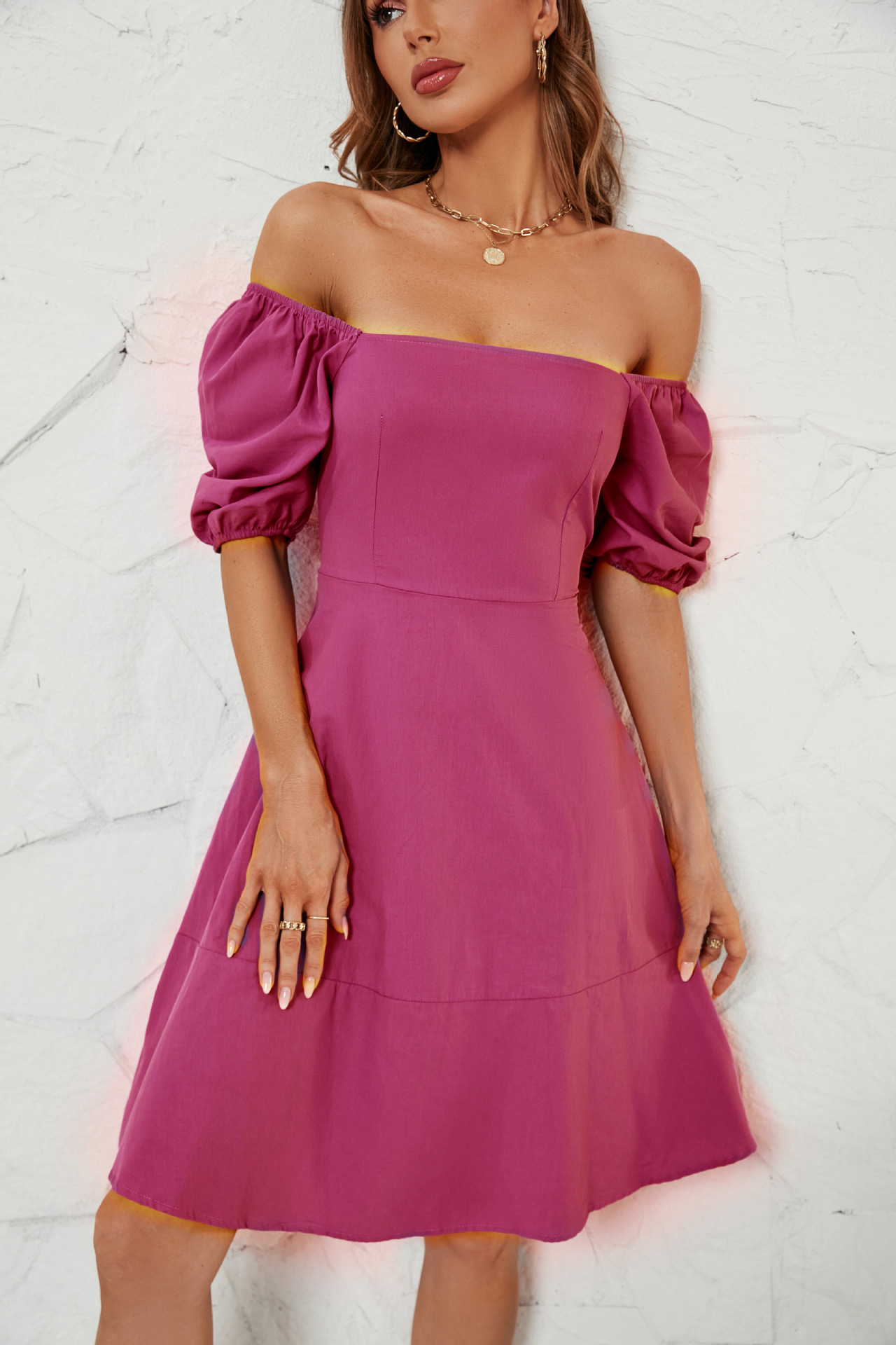 2023 Summer New Solid Square Neck Bubble Sleeve Dress for Women_voghion.com