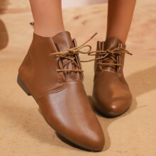 复古尖头短筒靴女2025年春季新款百搭平底马丁靴软皮系带踝靴女