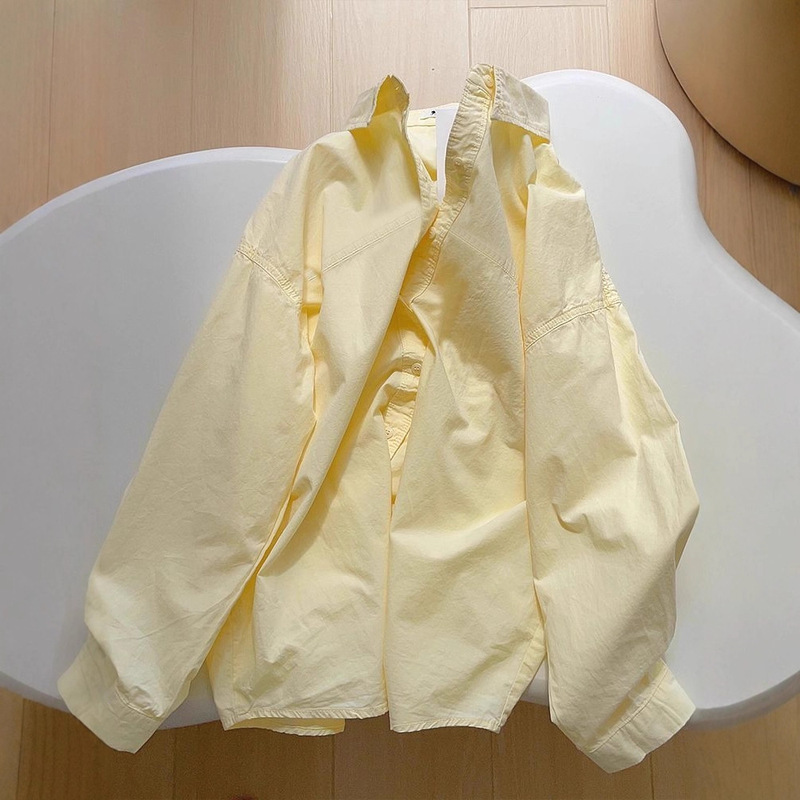 Creamy Yellow Long-Sleeved Shirt for Women in Spring & Fall, Loose and Lazy Style Layered Shirt Jacket Casual Top for Small People