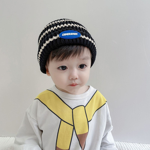 儿童毛线帽秋冬2022韩国潮护耳保暖套头贴标毛线针织男女童瓜皮帽