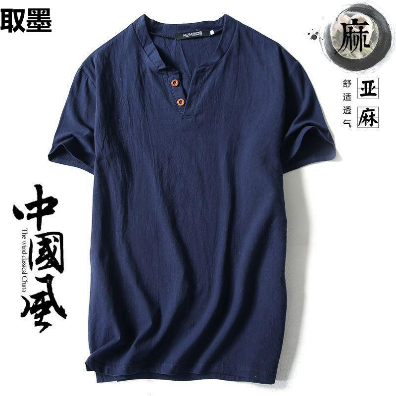 Chinese Style Linen T-shirt Men's Short-sleeved Summer Solid Color Cotton and Linen Half-sleeved V-neck Base Shirt Chinese Style Men's All-match Top