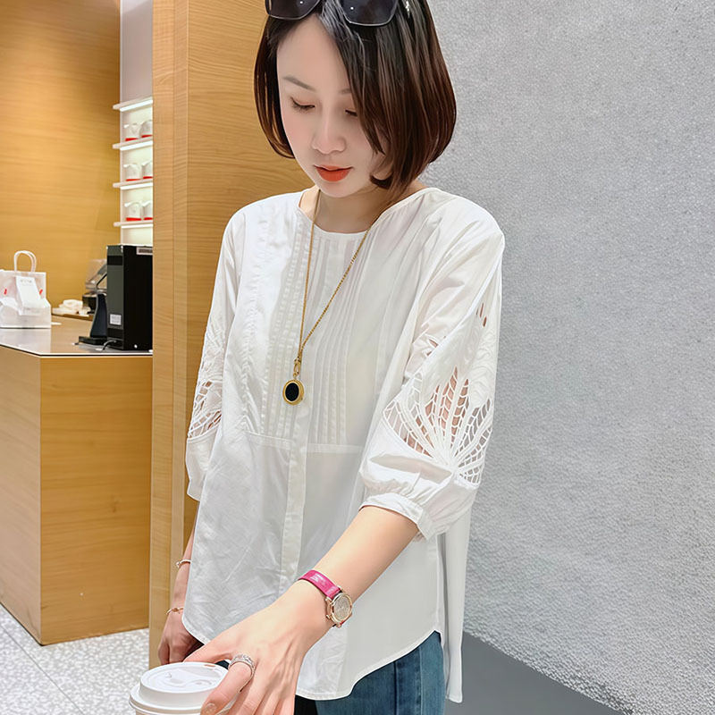 中空刺繍七分袖白シャツ女性用 2025 夏の新スリムコットンシャツ気質年齢軽減トップ女性用|undefined