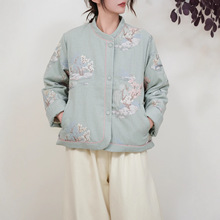 夏季新款苎麻休闲新中式上衣重工刺绣休闲宽松显瘦复古夹面棉服女