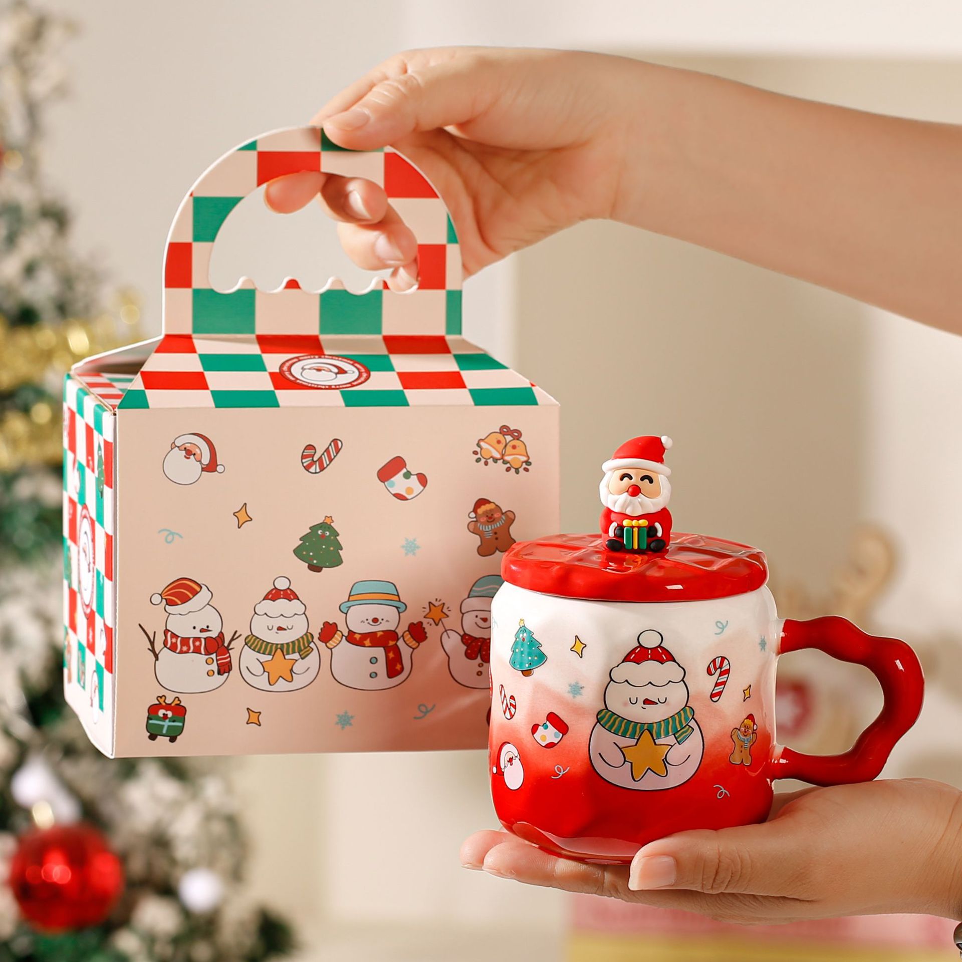 Taza de cerámica navideña transfronteriza Taza de café con tema navideño Taza de elemento navideño verde rojo Comercio electrónico transfronterizo al por mayor