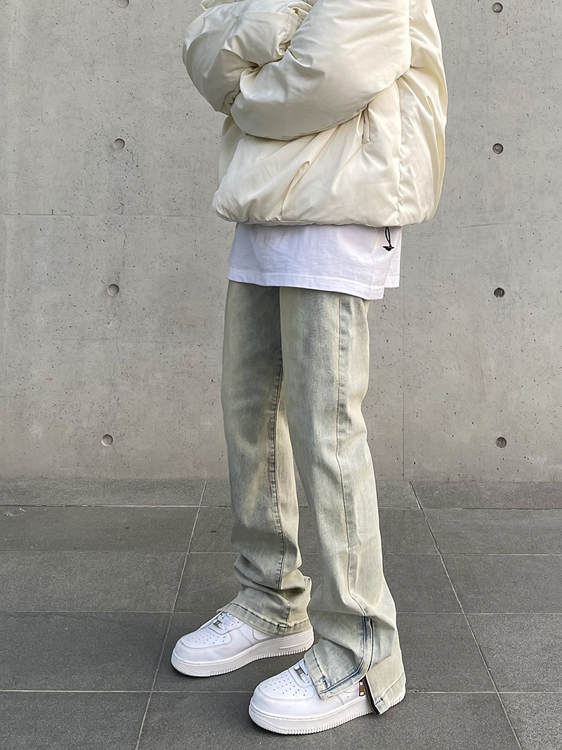 American High Street Vibe vintage lavado apenado amarillo barro teñido cremallera split jeans hombres pantalones largos rectos