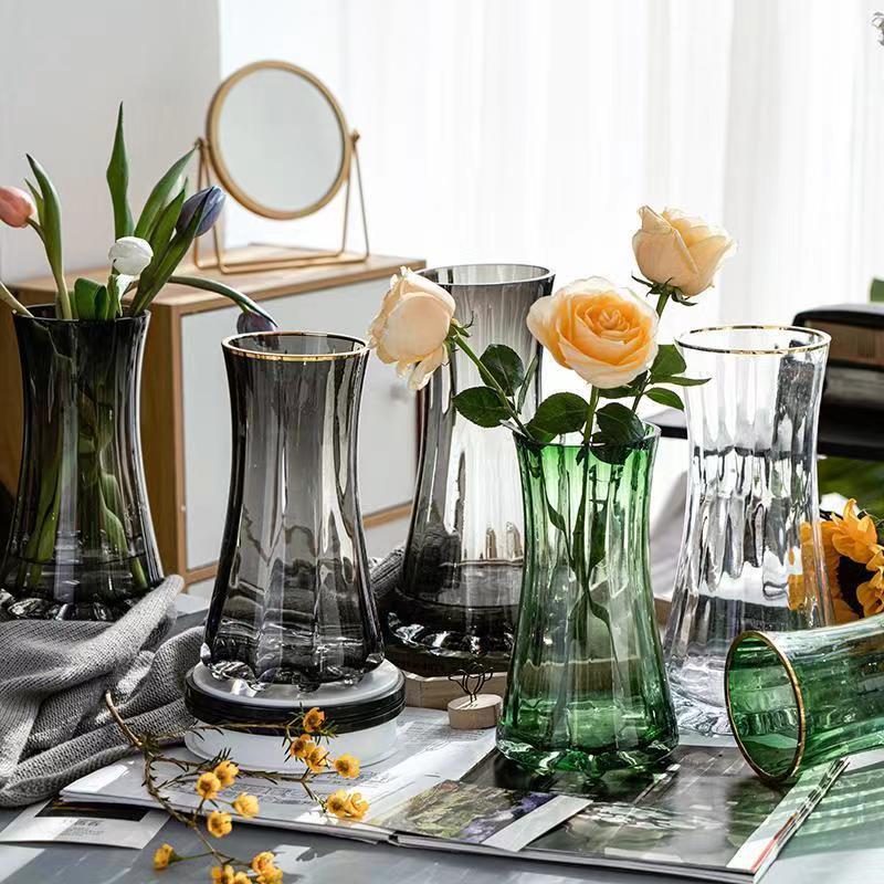 Gold-Trimmed Original Color Glass Vase with Transparent Water for Fresh Lilies, Popular Online Flower Arrangement Decor, Creative Simple Craftwork