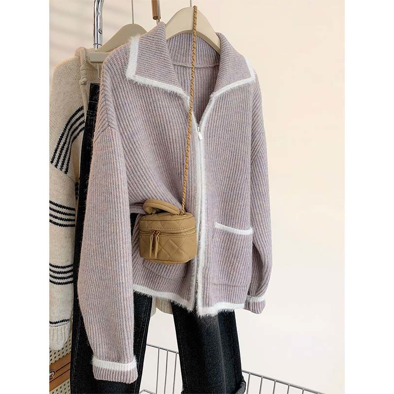 Purple Zipper Lapel Raccoon Velvet Sweater Jacket for Women Autumn and Winter New Lazy Style Thickened New Cardigan Blue