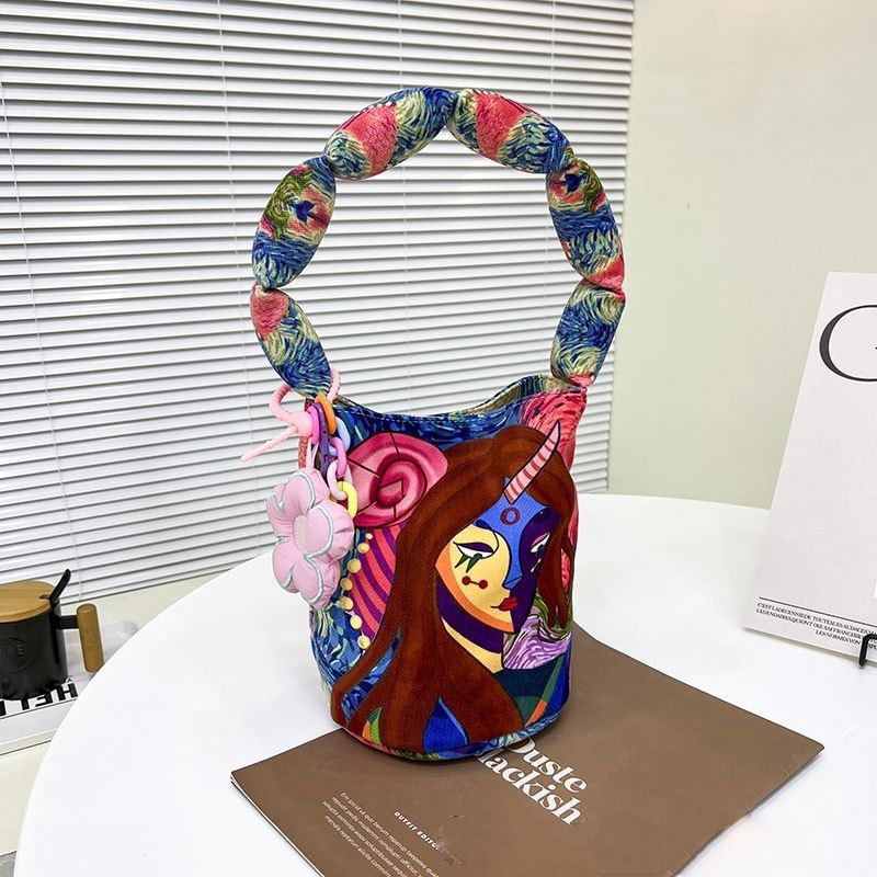 Nueva Ilustración Creativa correa de hombro llena de algodón bolsa de cubo bolsa de hombro Montaña y Mar Sutra portátil bolso de lona artística al por mayor