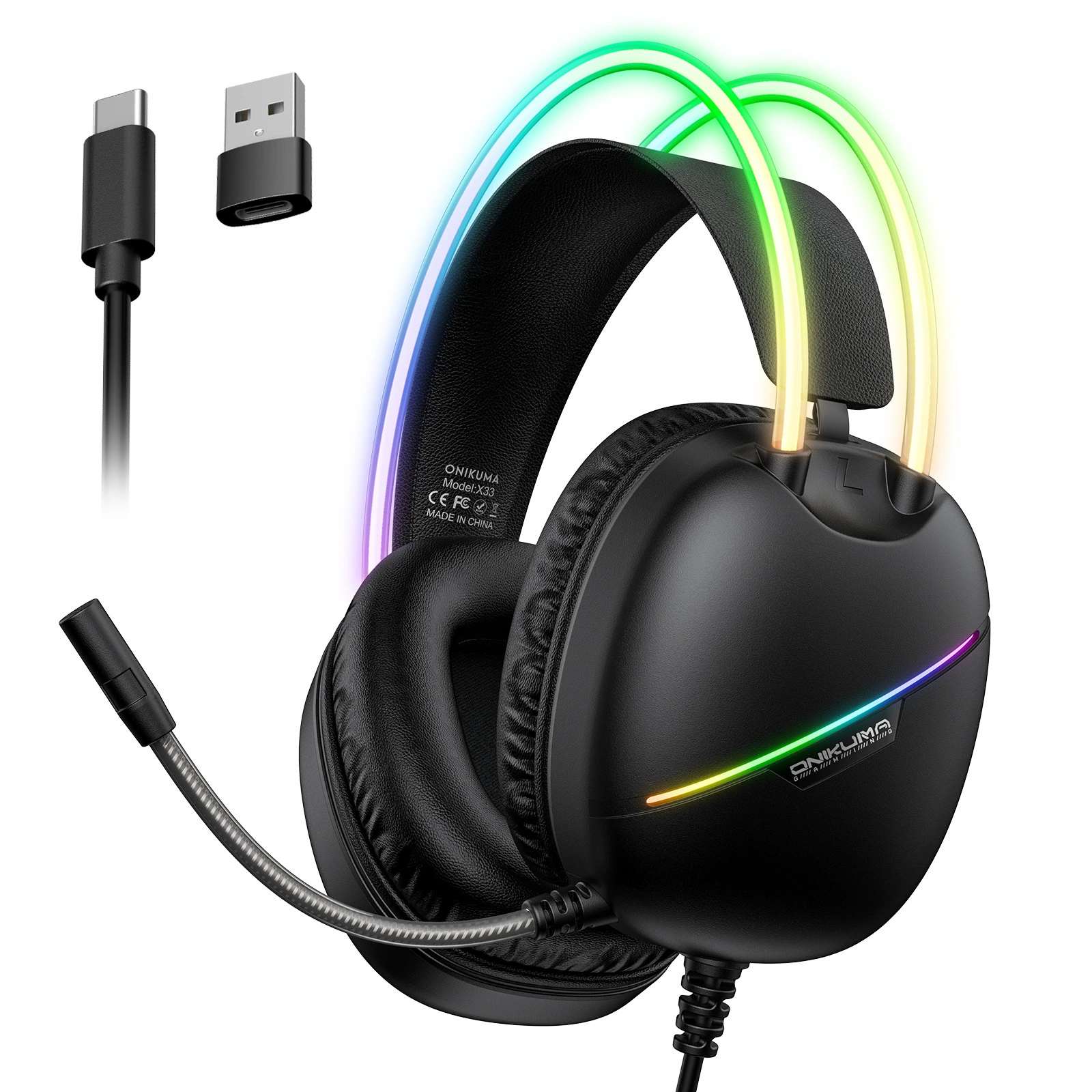 Хедсет для игр ONIKUMA X33 Wear-Style, проводной USB-C, наушники для мобильного гейминга с RGB LED