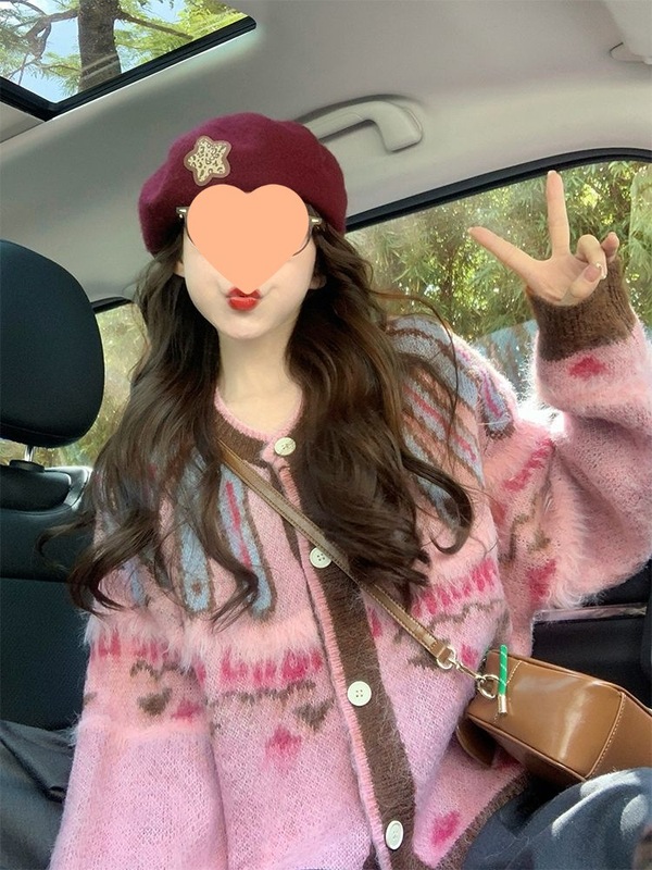 粉色费尔岛提花毛衣外套女秋冬厚2025新款慵懒温柔风复古针织开衫|undefined