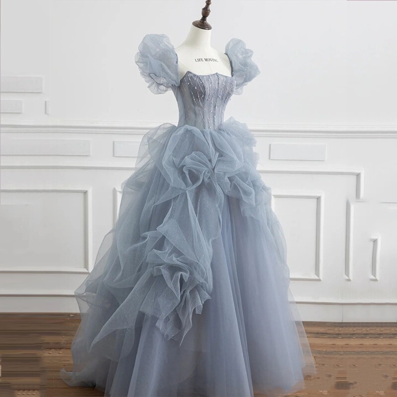 Blue Evening Dress for Women, Adult Birthday French-Style Runaway Princess Wedding Dress, High-End Luxury Niche Toast Dress