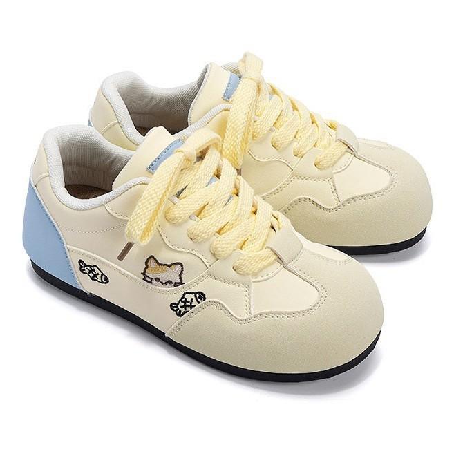 Korean Style Cute German Training Shoes for Women 2026 New Summer Sports Shoes for Women in Creamy Yellow with Cartoon Embroidery Casual Sneakers