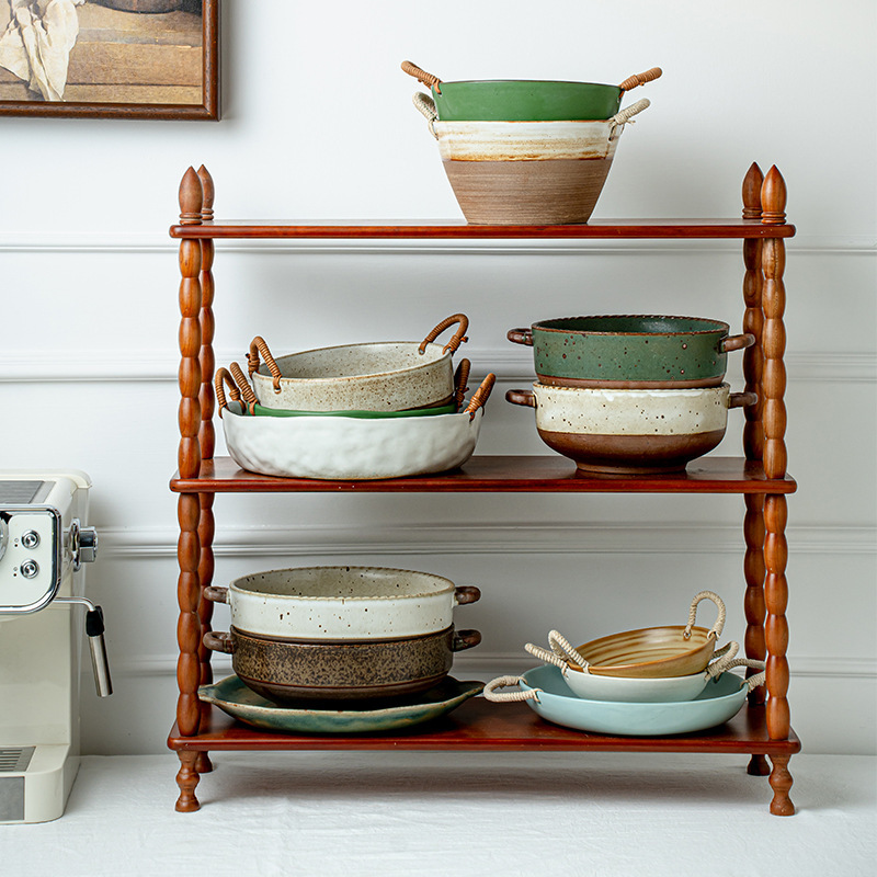 Retro Ceramic Double-Eared Hemp Rope Dishes Japanese Dish Plate Household Tableware with Slight Flaws