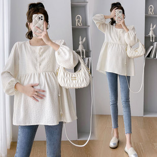 Real shot in stock 2024 autumn new pregnant women Korean version of French gentle square collar xiangfeng doll shirt top