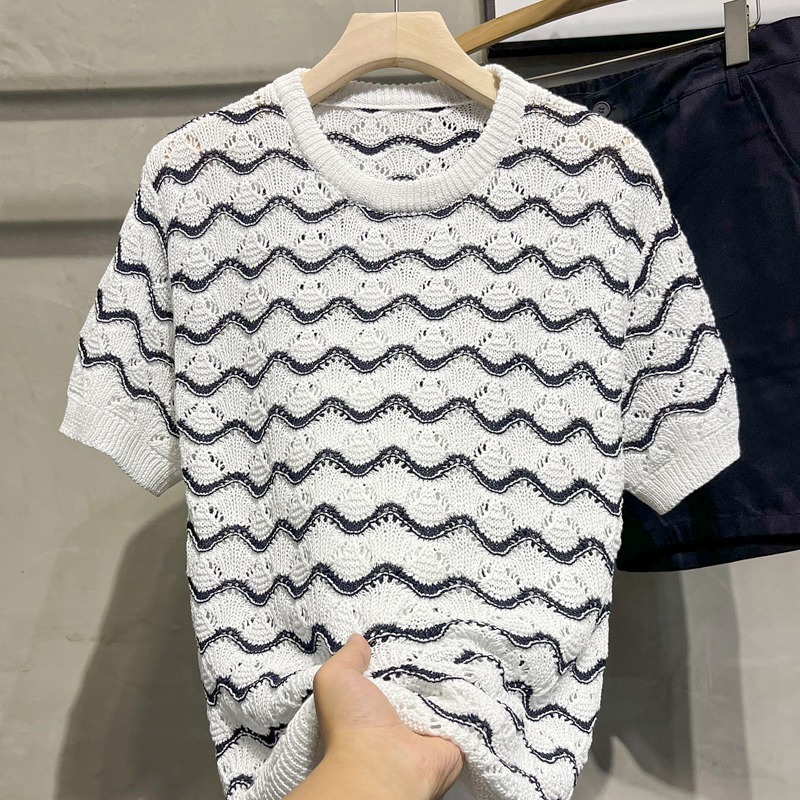 T-shirt uomo maniche corte maglia girocollo righe ondulate casual_voghion.com