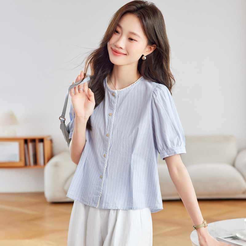 Cotton Cocoon Blue and White Striped Short-Sleeve Blouse for Women, 2026 Summer New Versatile Commuter Top, H Version with Waist-Cinching Pleats Cotton Cocoon Blue and White Striped Short-Sleeve Blouse for Women, 2026 Summer New Versatile Commuter Top, H Version with Waist-Cinching Pleats
