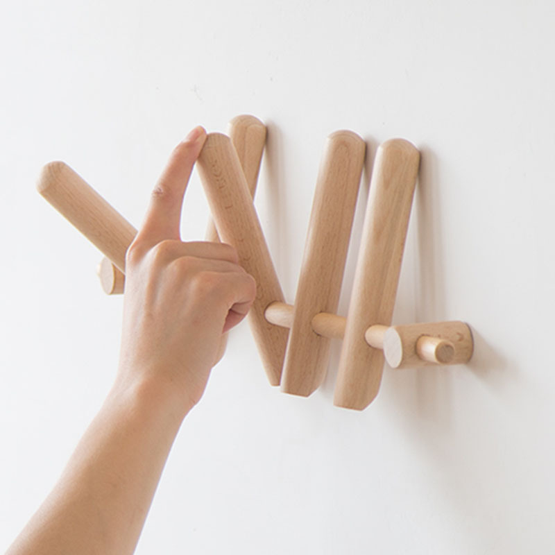 Nordic Solid Wood Creative Wall-Mounted Row of Long Movable Telescopic Hooks for Wall Entryway Wooden Coat Rack