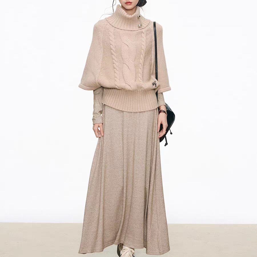 欧美跨境大码高领秋冬蝙蝠衫七分袖银扣刺绣针织衫外套宽松毛衣女