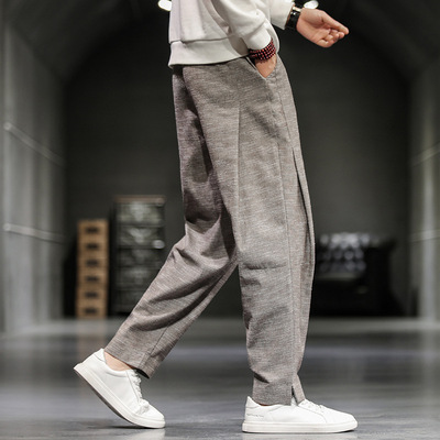 kung fu pants for men youth Linen Chinese Style Trousers Casual Mid Waist Solid Color Cotton Linen Large Size Loose Casual Pants harem pants