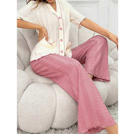 欧美风v领单排扣睡衣女套装夏季新款高级感拼色短袖长裤家居服潮