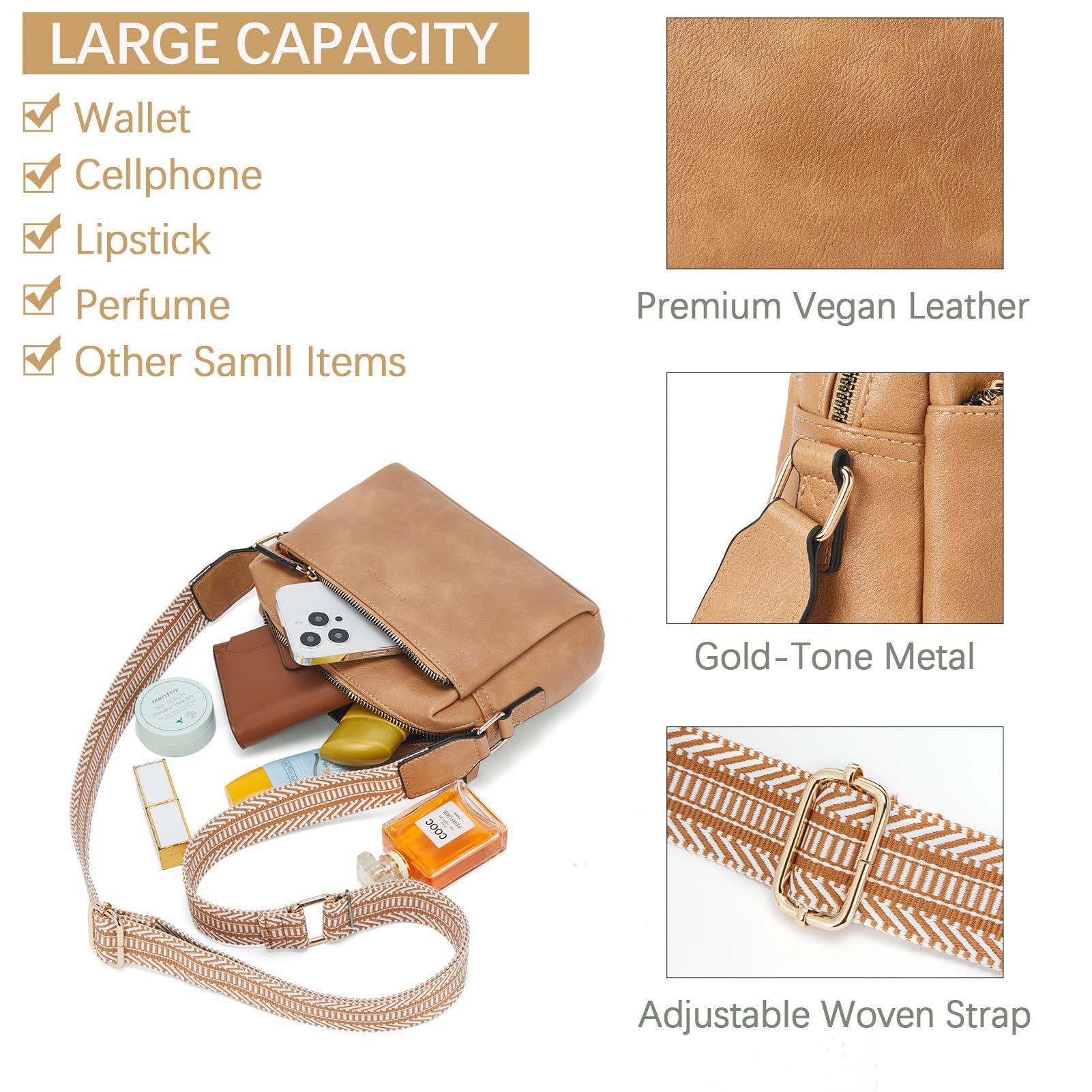 New women's small crossbody bag, three zippered mobile phone newspaper, leather small bag, colored shoulder strap single shoulder bag_voghion.com