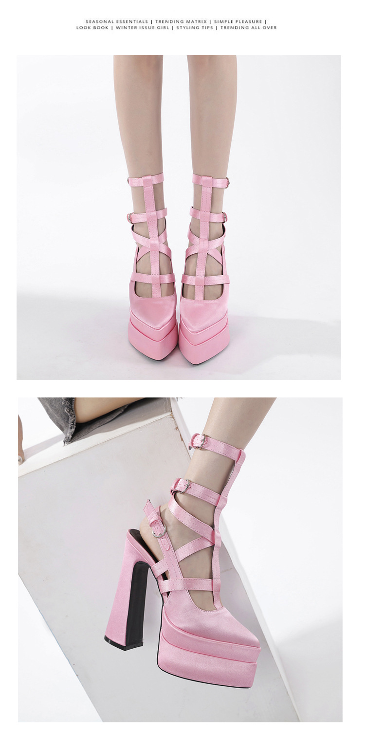 Giày cao gót nữ mũi nhọn satin gót dày đi catwalk — Màu hồng chi tiết 17