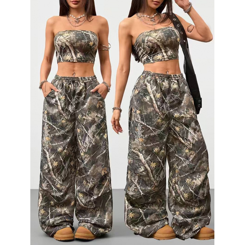 Cross-border trendy camouflage tube top, short cropped top, elastic waist wide-leg pants, casual two-piece outfit for hot girls Cross-border trendy camouflage tube top, short cropped top, elastic waist wide-leg pants, casual two-piece outfit for hot girls