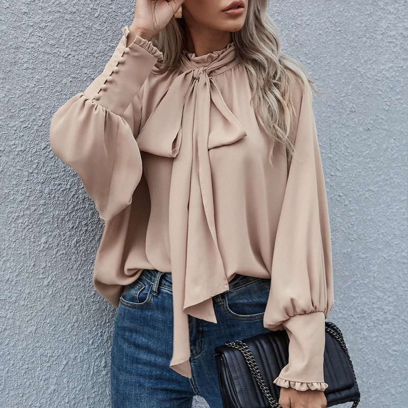 2022 Amazon Hot Selling European and American High Neck Bow Tie Bubble Long Sleeve Women's Loose All-match in stock Top 2022 Amazon Hot Selling European and American High Neck Bow Tie Bubble Long Sleeve Women's Loose All-match in stock Top