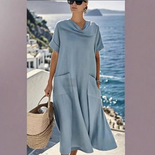欧美跨境亚马逊独立站女士纯色荡领短袖棉麻连衣裙长裙