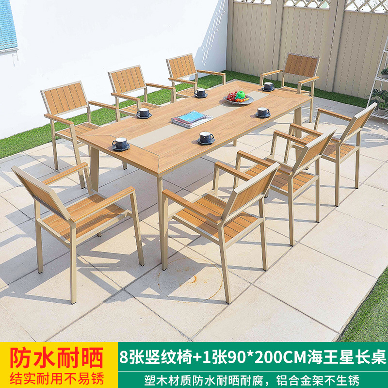 Mesa y silla de ocio al aire libre combinación de patio al aire libre jardín balcón impermeable anti-solar frente anticorrosión madera plástica mesa de madera