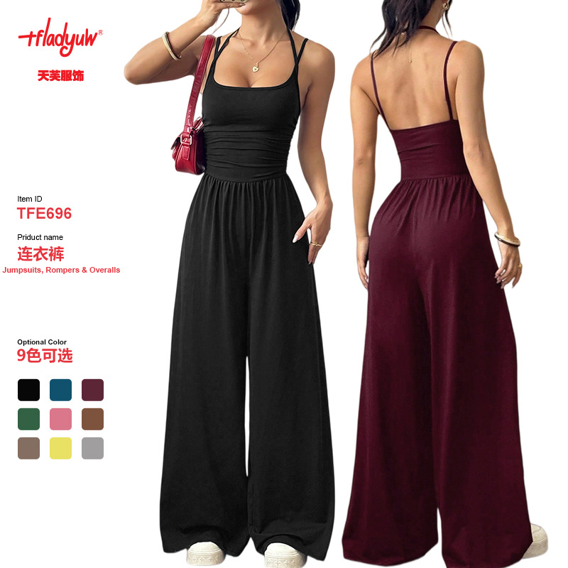 Tiktok Amazon European and American Cross-Border Popular Camisole Women's Casual Strapless Jumpsuit Summer Wide-Leg Loose Fit