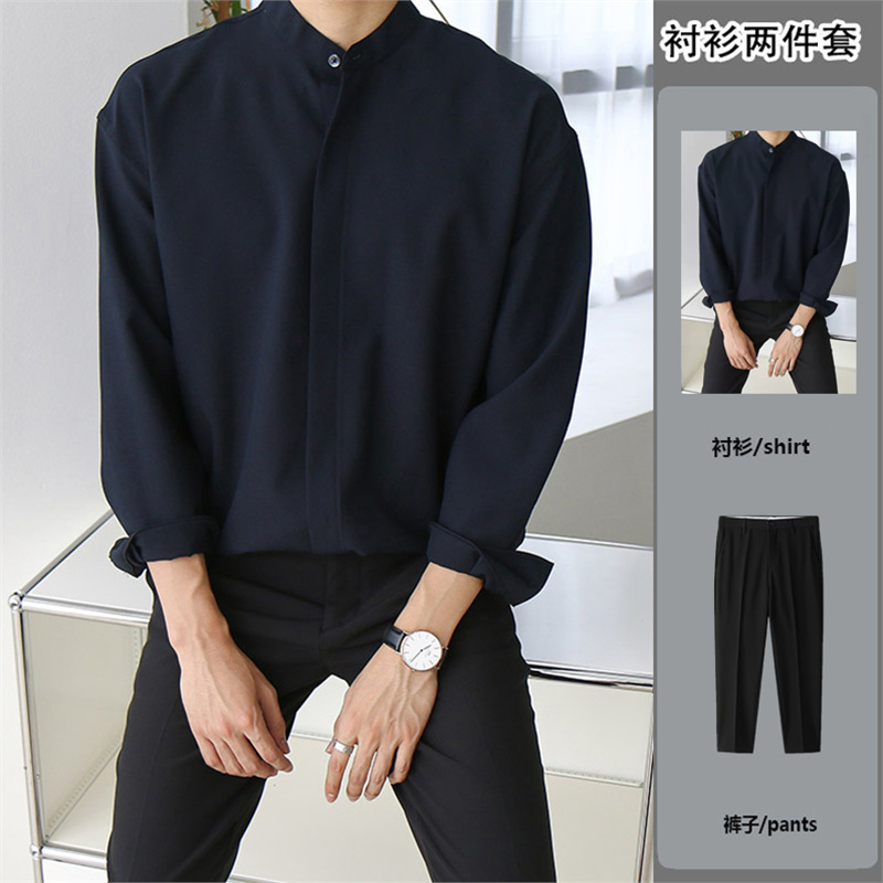 Vertical Collar Shirt Men's Long-sleeved Ice Silk High-end Draped Casual Loose Summer Non-ironing Shirt Korean-style Thin