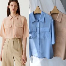 干练简约小禾杏粉色蓝色 时髦砂洗真丝双绉口袋短袖衬衫女式衬衣
