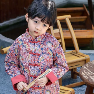 2026秋冬季夹棉孔雀开屏男童对襟棉衣周岁宝宝抓周服套装
