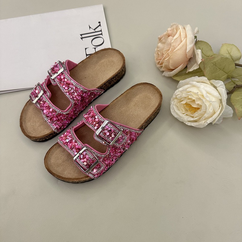 2025 verano Europa y los Estados Unidos comercio exterior transfronterizo zapatillas de doble botón perforación de arena corcho gran fábrica de zapatillas para mujeres