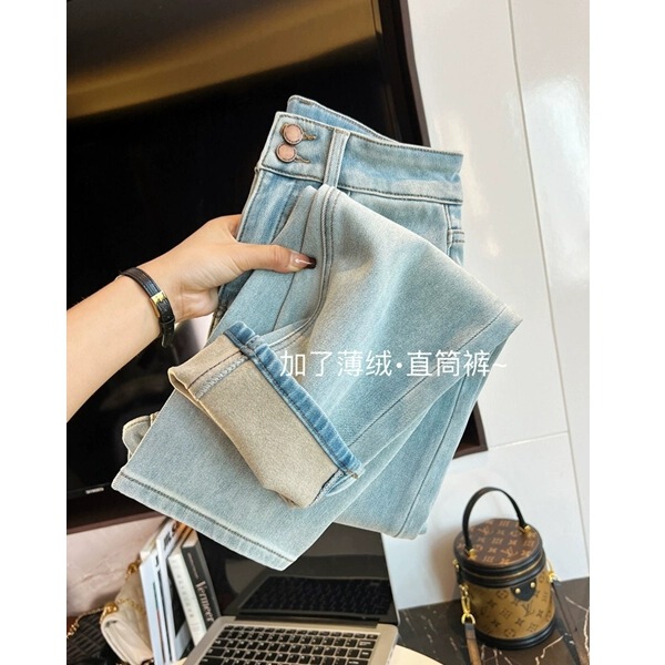 Giant Leg Straight ~ light blue fleece-lined Jeans Women's High Waist Slimming Stretch Cropped Smoke Tube Small Straight Pants