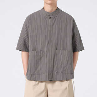 2024 Summer new cross-border Men's cotton and linen buckle top Chinese style men's casual striped Chinese Hanfu