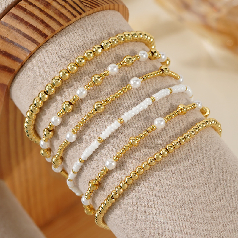 Light Luxury and High-End Feel Round Bead Bracelet Six-Piece Set, Gold, Silver, and Copper Beads with Round Imitation Pearls, Women's Jewelry Gift Box Light Luxury and High-End Feel Round Bead Bracelet Six-Piece Set, Gold, Silver, and Copper Beads with Round Imitation Pearls, Women's Jewelry Gift Box