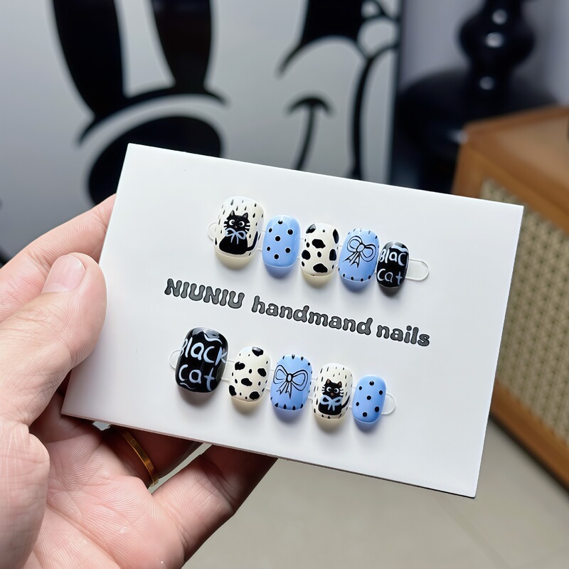 Ins-Style Bowknot Kitten Handmade Wearable Nails Cute Cartoon Hand-Painted Nail Art Polka Dot Nail Stickers
