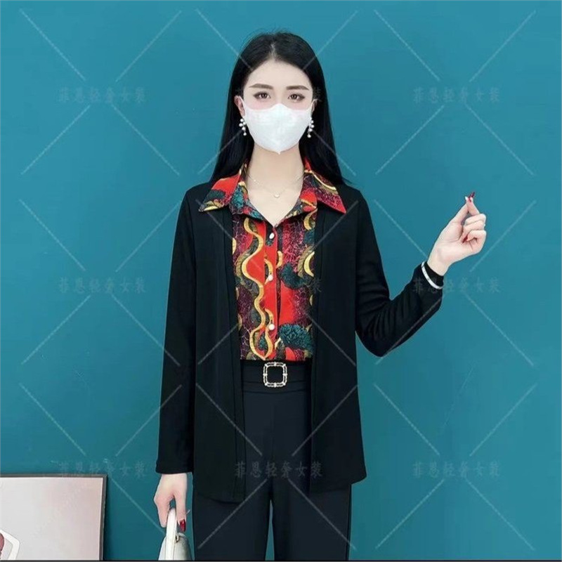 Dropshipping Live-Stream Hot Item 2026 Spring Fake Two-Piece Cardigan Women's Shirt Stylish Long-Sleeve Mom Fashion Top