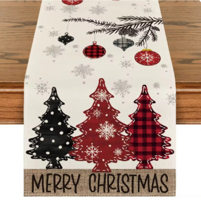 Camino de mesa navideño con estampado de muñeco de nieve y Santa